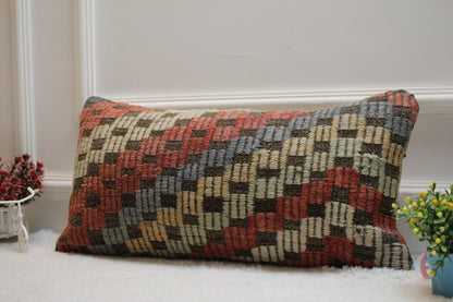 Geometric Kilim Lumbar Pillow Cover: Organic Wool, Rainbow Colors (12x24 in)