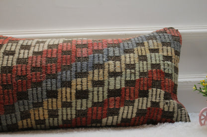 Geometric Kilim Lumbar Pillow Cover: Organic Wool, Rainbow Colors (12x24 in)