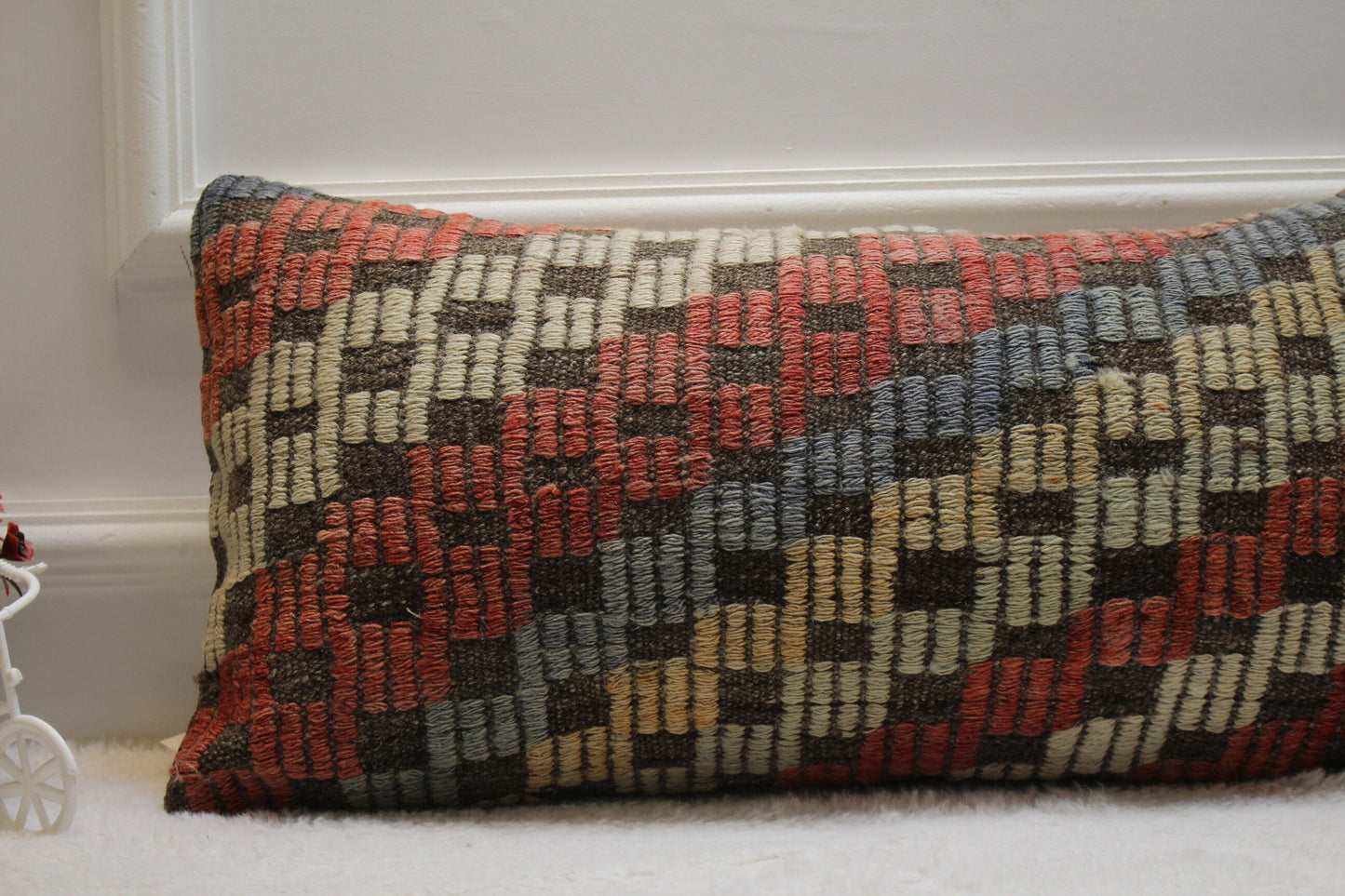 Geometric Kilim Lumbar Pillow Cover: Organic Wool, Rainbow Colors (12x24 in)