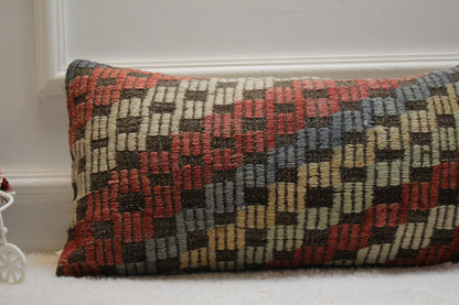 Geometric Kilim Lumbar Pillow Cover: Organic Wool, Rainbow Colors (12x24 in)