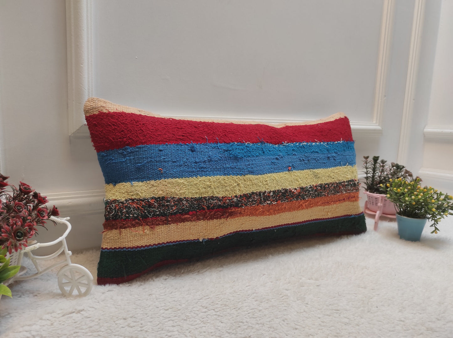 Rainbow Kilim Lumbar Pillow Cover: Upcycled Boho Decor (12x24 in)