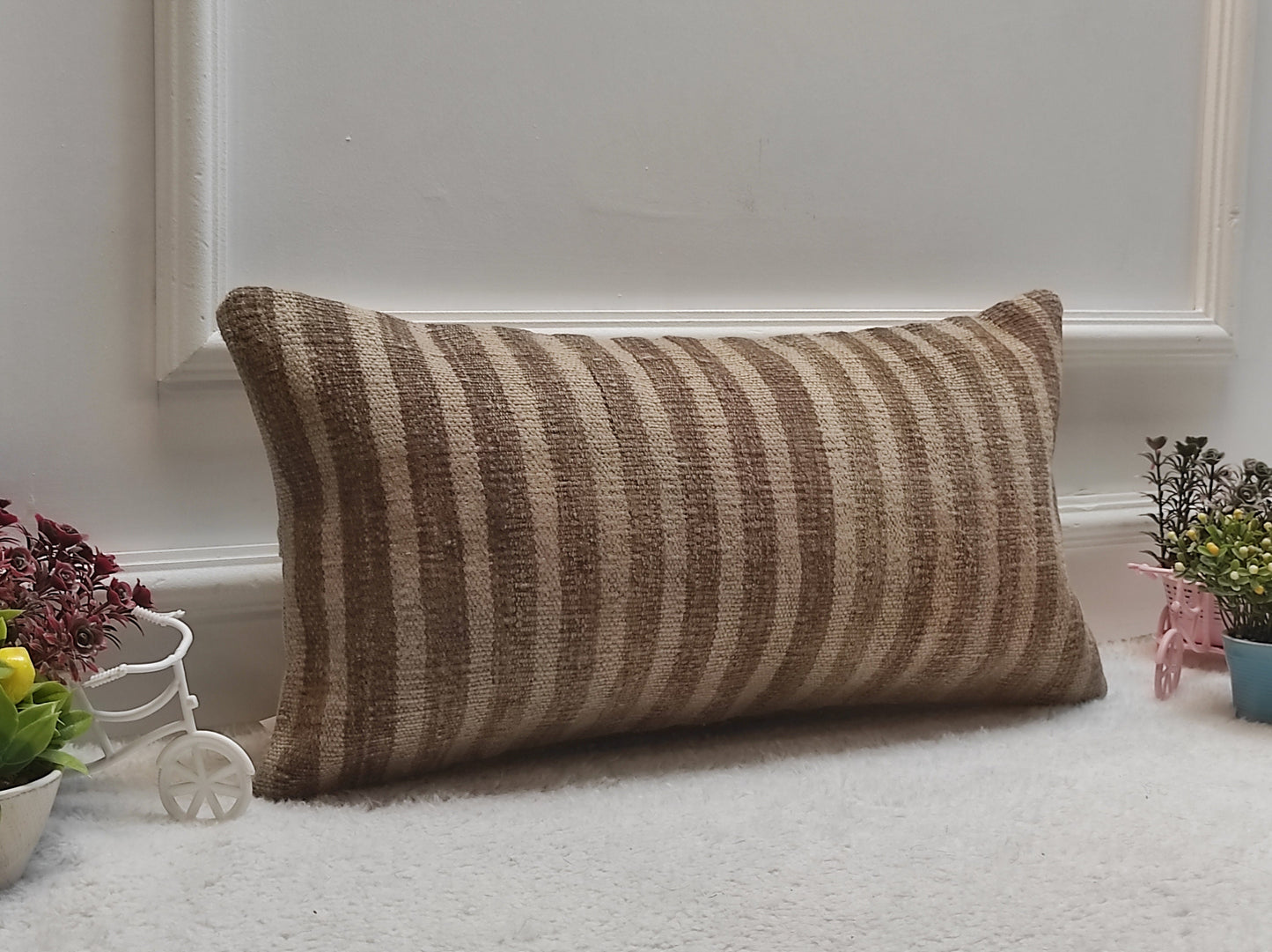Striped Kilim Lumbar Pillow Cover: Vintage Woven Rug, 12x24 inch