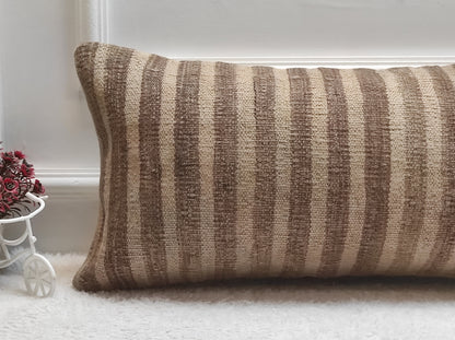 Striped Kilim Lumbar Pillow Cover: Vintage Woven Rug, 12x24 inch