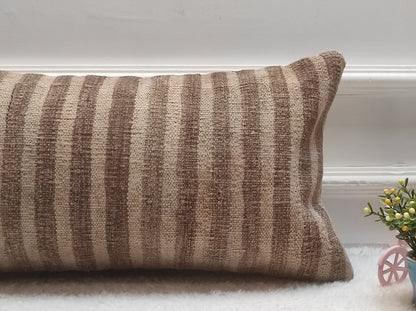Striped Kilim Lumbar Pillow Cover: Vintage Woven Rug, 12x24 inch
