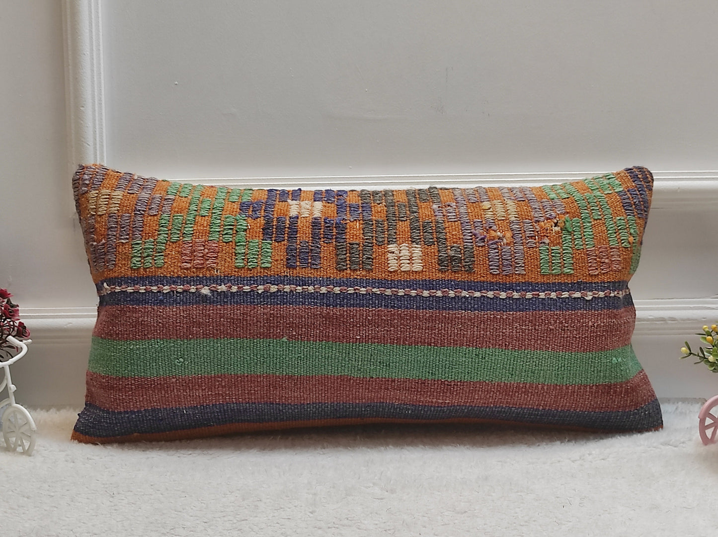 Boho Kilim Pillow Cover 12x24: Upcycled Woven Rug, Ethnic Decor