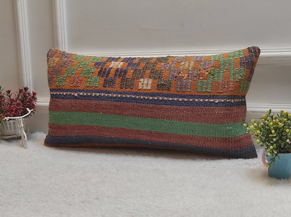 Boho Kilim Pillow Cover 12x24: Upcycled Woven Rug, Ethnic Decor