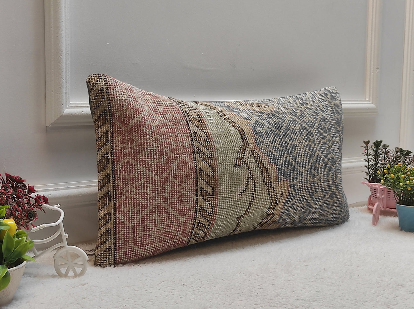 Handmade Kilim Lumbar Pillow Cover: Upcycled Turkish Rug, Boho Decor (12x24 inc)