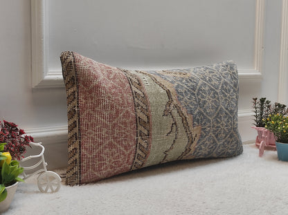Handmade Kilim Lumbar Pillow Cover: Upcycled Turkish Rug, Boho Decor (12x24 inc)