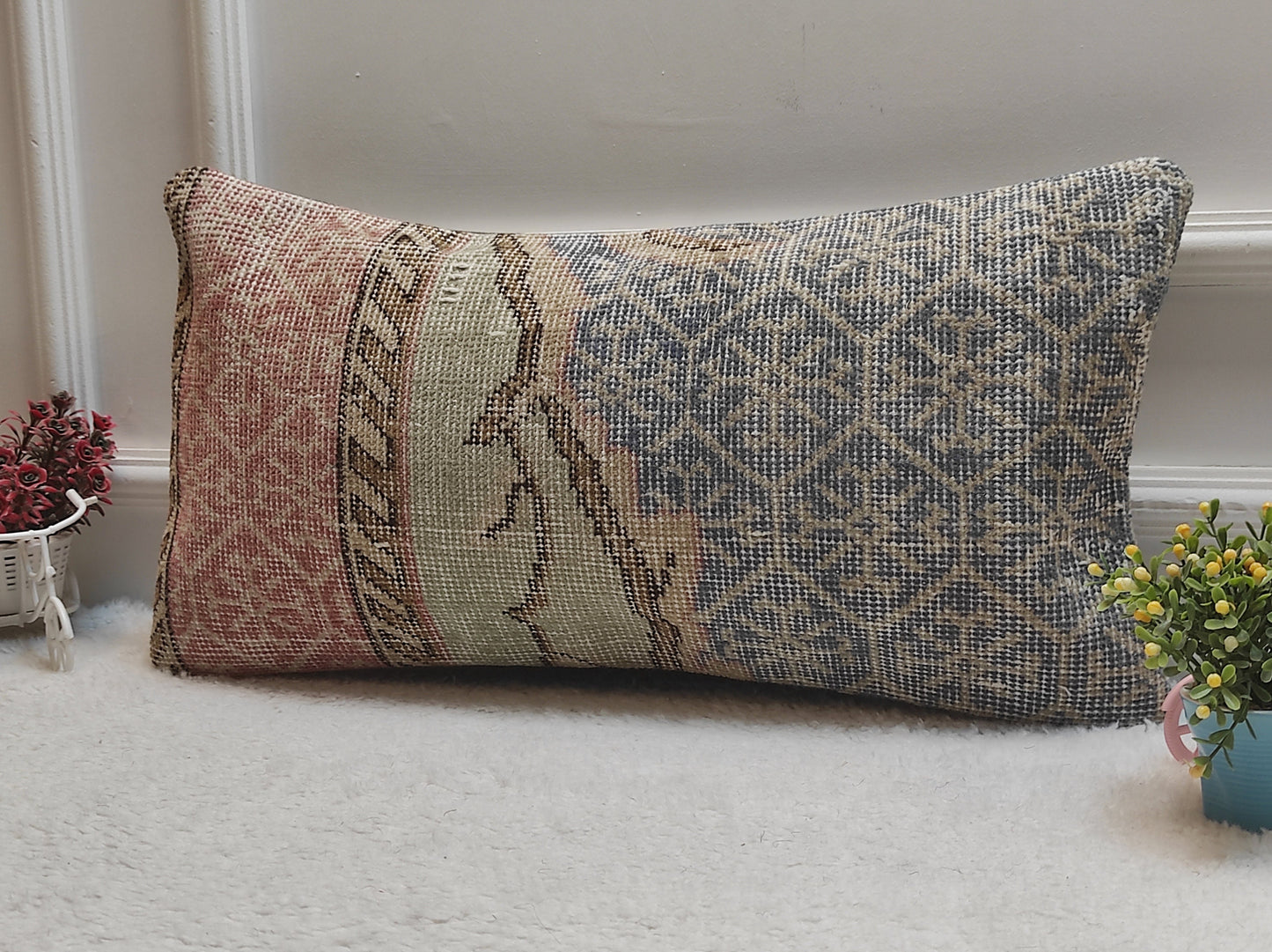 Handmade Kilim Lumbar Pillow Cover: Upcycled Turkish Rug, Boho Decor (12x24 inc)