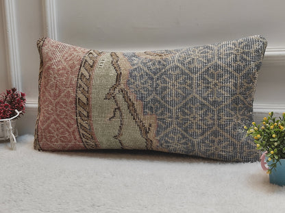 Handmade Kilim Lumbar Pillow Cover: Upcycled Turkish Rug, Boho Decor (12x24 inc)
