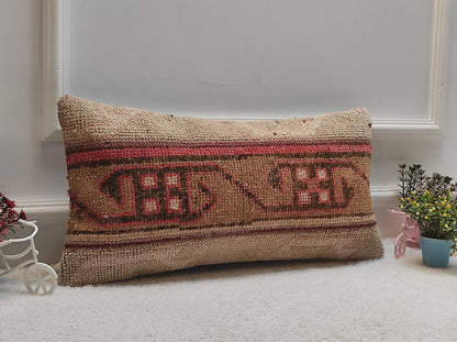 Handmade Turkish Rug Pillow: Vintage Woven Lumbar Cushion (12x24 in)