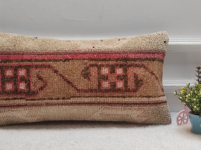 Handmade Turkish Rug Pillow: Vintage Woven Lumbar Cushion (12x24 in)