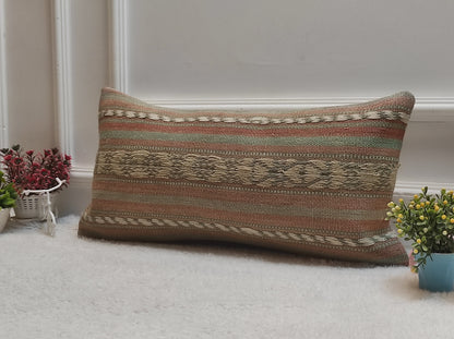 Handmade Kilim Lumbar Pillow Cover: Upcycled Turkish Boho Decor (12x24 inch)