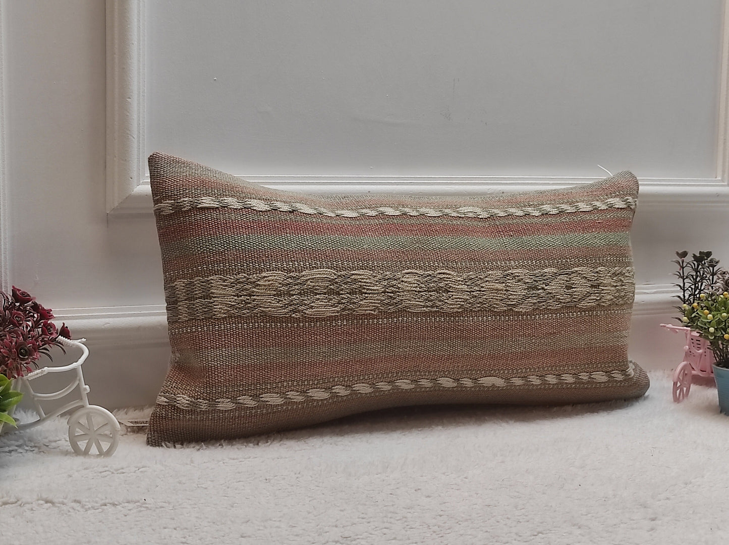 Handmade Kilim Lumbar Pillow Cover: Upcycled Turkish Boho Decor (12x24 inch)