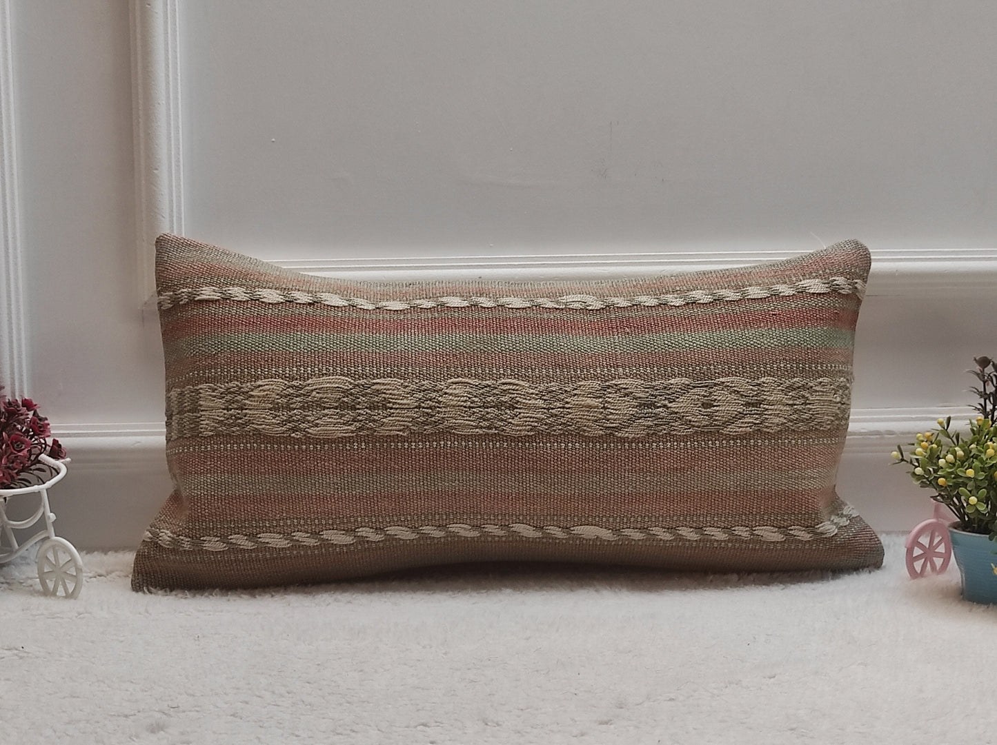 Handmade Kilim Lumbar Pillow Cover: Upcycled Turkish Boho Decor (12x24 inch)