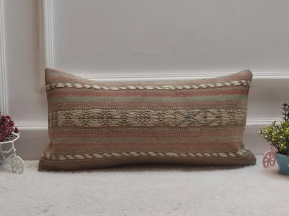 Handmade Kilim Lumbar Pillow Cover: Upcycled Turkish Boho Decor (12x24 inch)