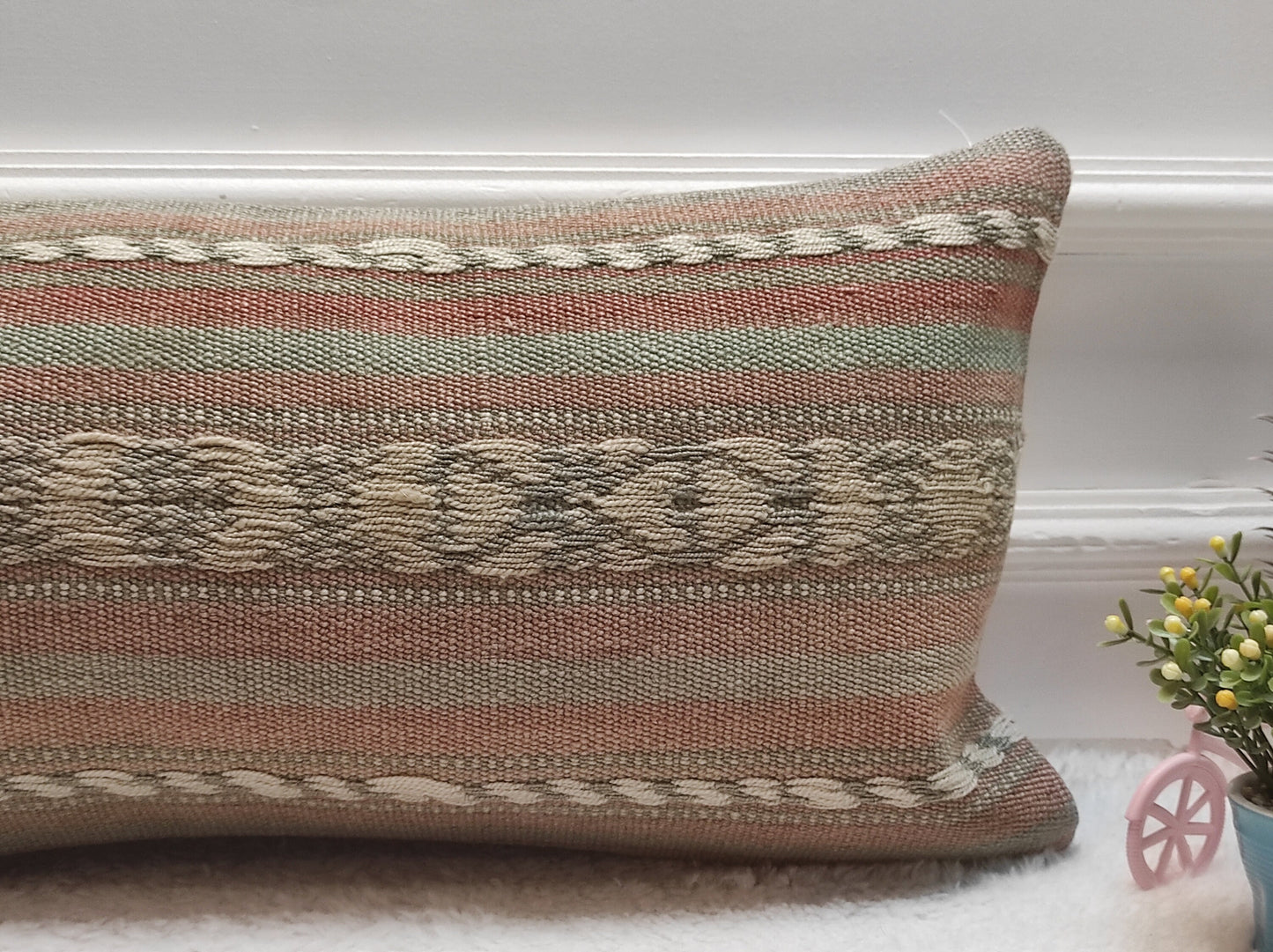 Handmade Kilim Lumbar Pillow Cover: Upcycled Turkish Boho Decor (12x24 inch)