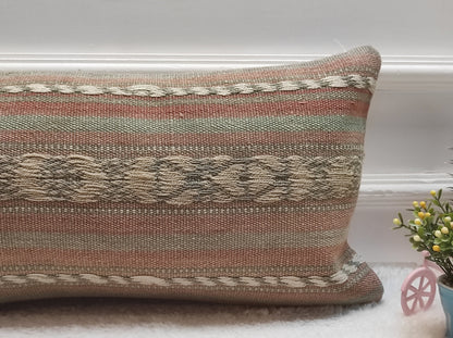 Handmade Kilim Lumbar Pillow Cover: Upcycled Turkish Boho Decor (12x24 inch)