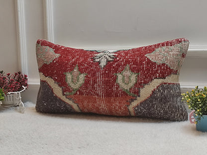 Red Turkish Rug Pillow Cover: Vintage Wool Lumbar Pillow (12x24 in)