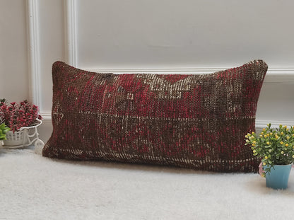 Handmade Turkish Kilim Lumbar Pillow Cover: Organic Wool, 12x24 inch