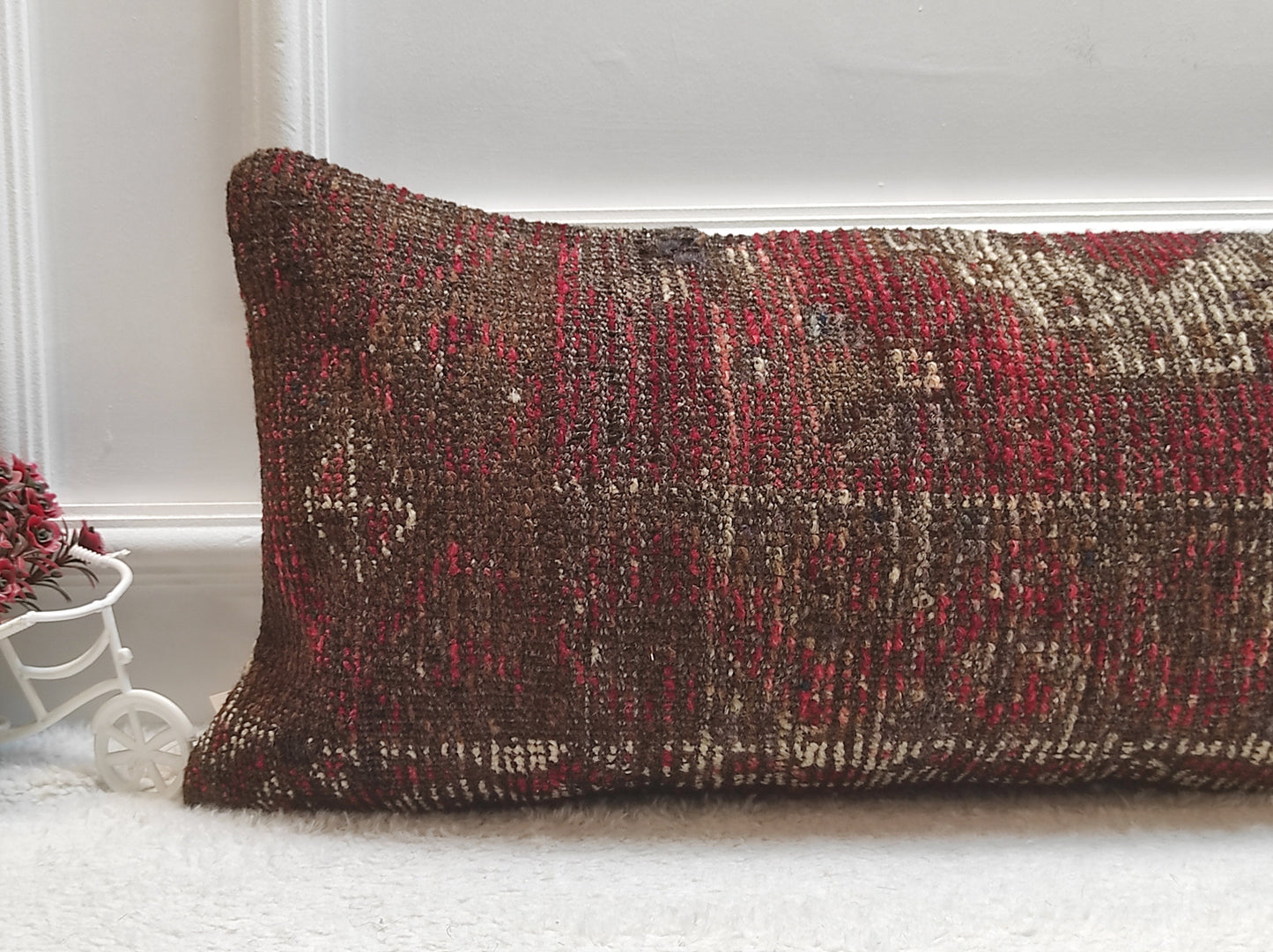 Handmade Turkish Kilim Lumbar Pillow Cover: Organic Wool, 12x24 inch