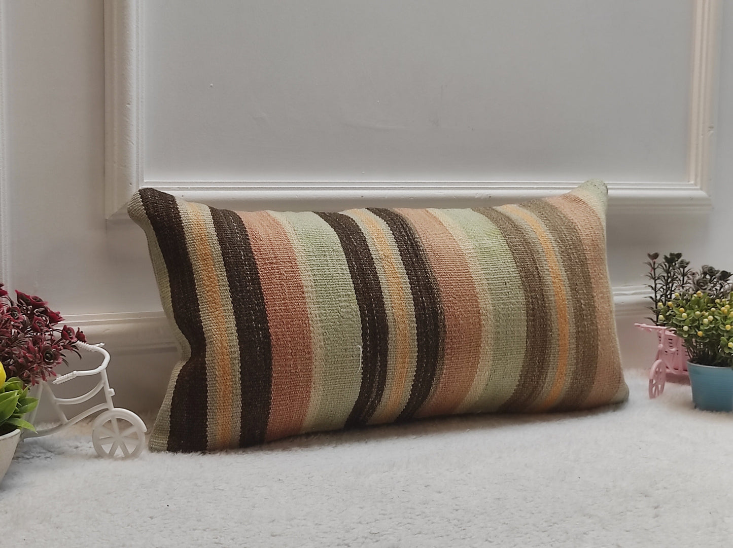 Handmade Striped Kilim Pillow Cover: Boho Lumbar Cushion (12x24 in)