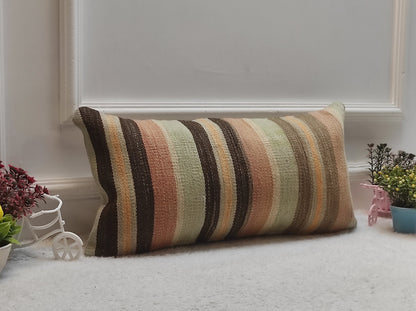 Handmade Striped Kilim Pillow Cover: Boho Lumbar Cushion (12x24 in)