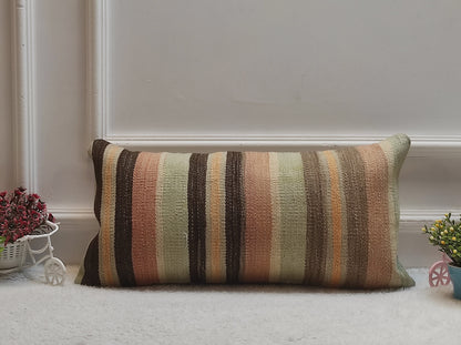 Handmade Striped Kilim Pillow Cover: Boho Lumbar Cushion (12x24 in)