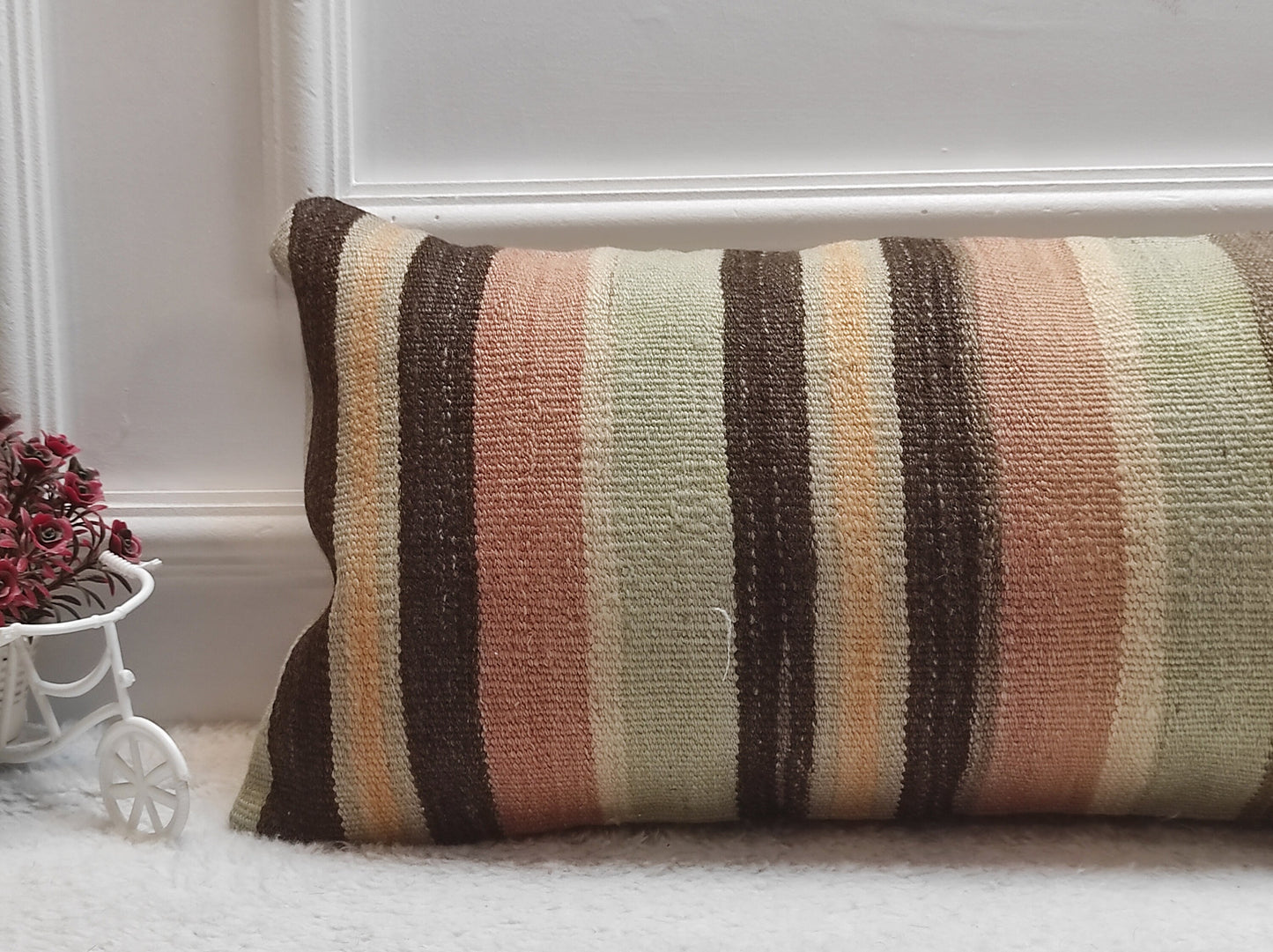 Handmade Striped Kilim Pillow Cover: Boho Lumbar Cushion (12x24 in)