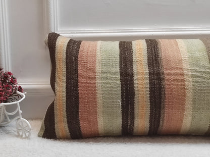 Handmade Striped Kilim Pillow Cover: Boho Lumbar Cushion (12x24 in)