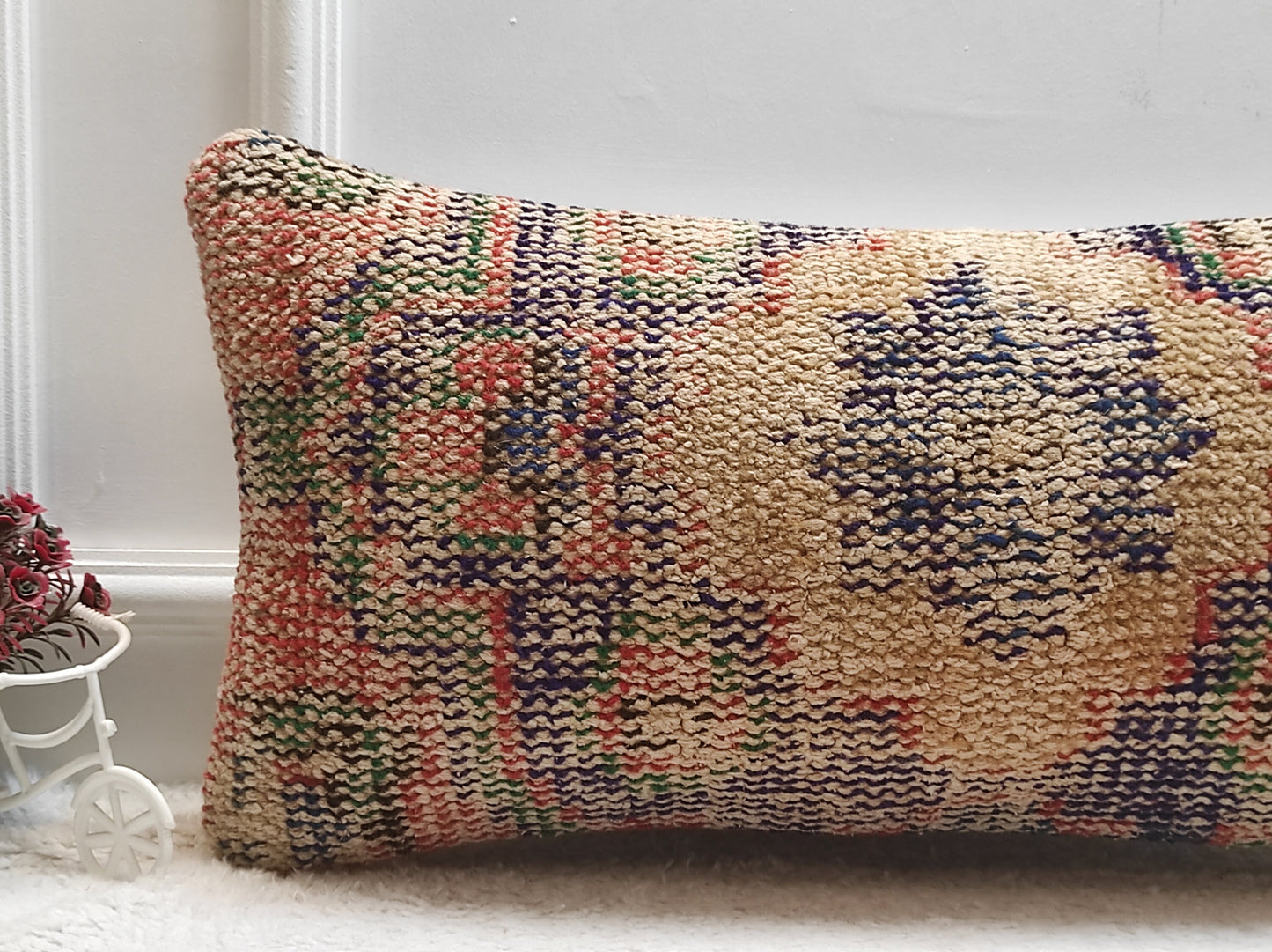 Vintage Turkish Rug Lumbar Pillow Cover: Handwoven Wool, 12x24 inch