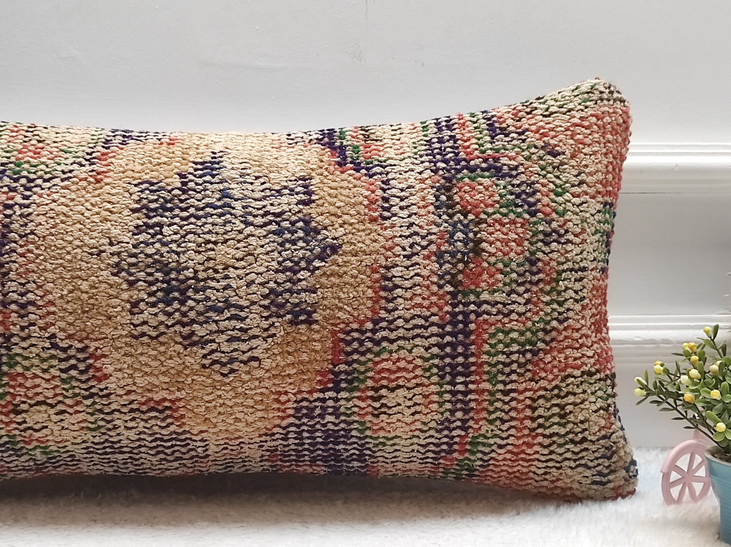 Vintage Turkish Rug Lumbar Pillow Cover: Handwoven Wool, 12x24 inch
