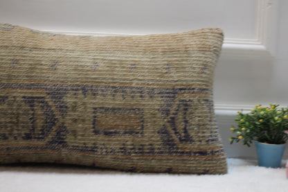 Handwoven Kilim Lumbar Pillow Cover: Beige Ethnic Rug Pillow (12x24)