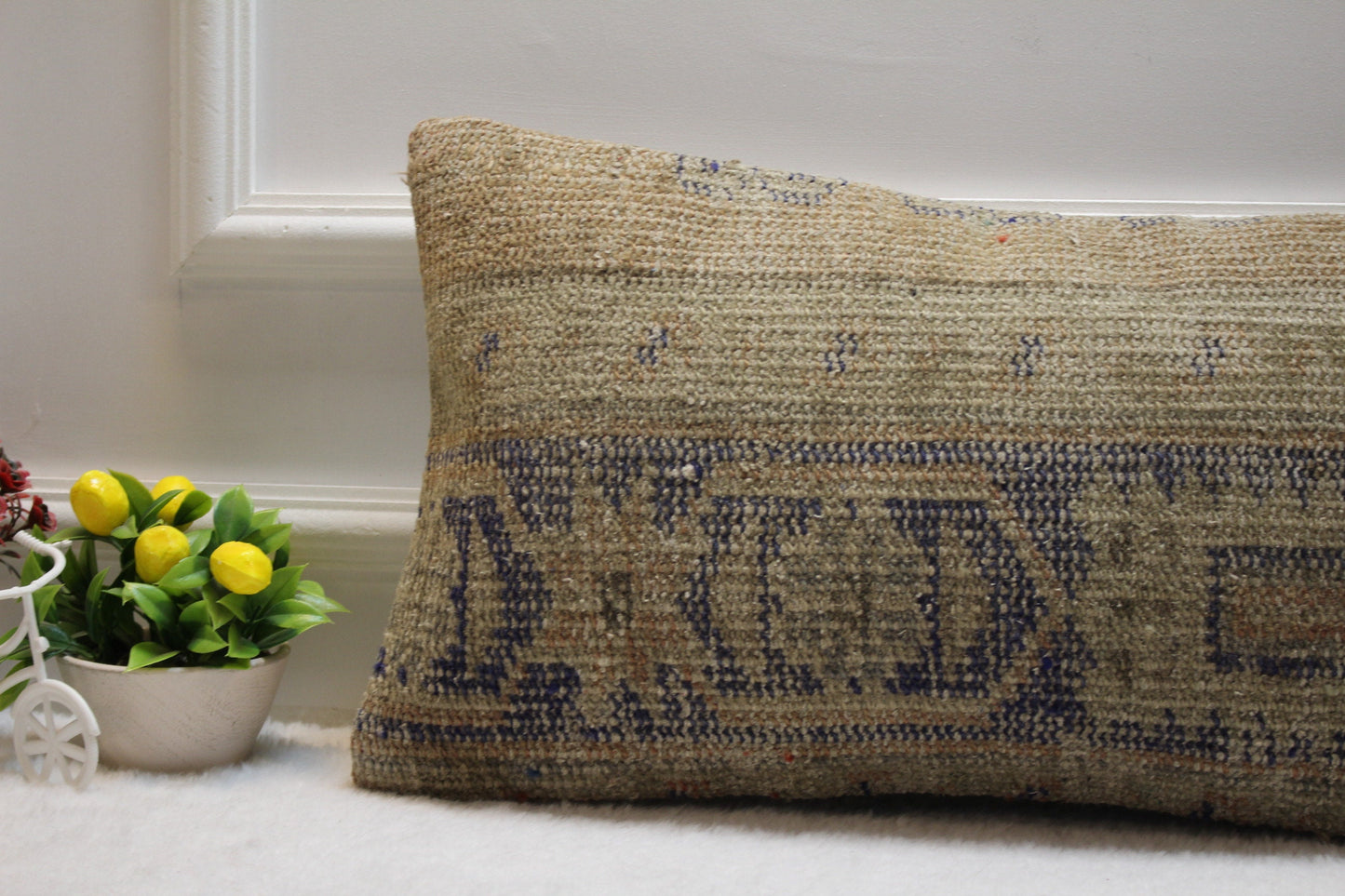 Handwoven Kilim Lumbar Pillow Cover: Beige Ethnic Rug Pillow (12x24)