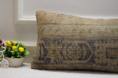 Handwoven Kilim Lumbar Pillow Cover: Beige Ethnic Rug Pillow (12x24)