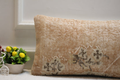 Vintage Turkish Rug Lumbar Pillow: Organic Wool Pillow Cover (12x24 in)