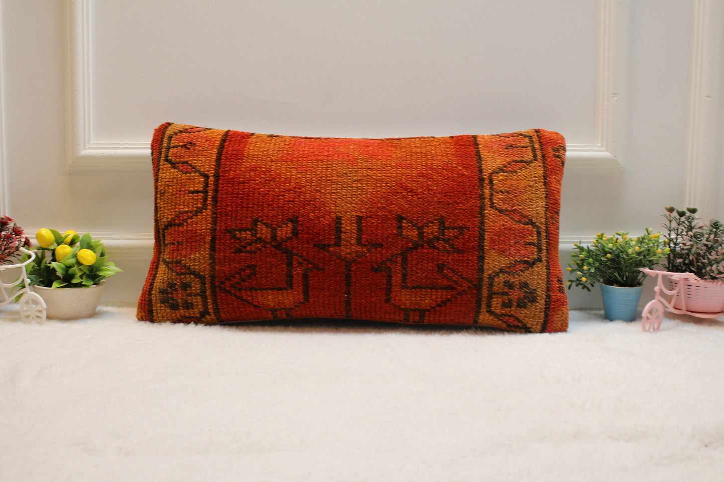 Handmade Wool Lumbar Pillow Cover: Turkish Rug, Boho Design (12x24 inc)