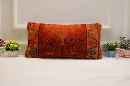 Handmade Wool Lumbar Pillow Cover: Turkish Rug, Boho Design (12x24 inc)