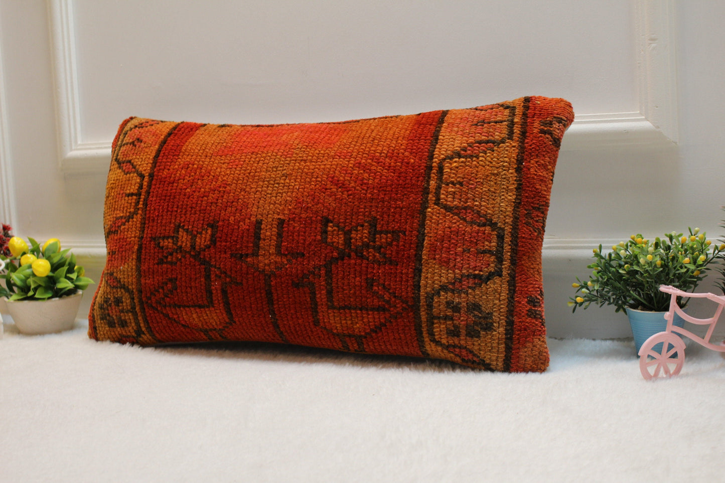 Handmade Wool Lumbar Pillow Cover: Turkish Rug, Boho Design (12x24 inc)
