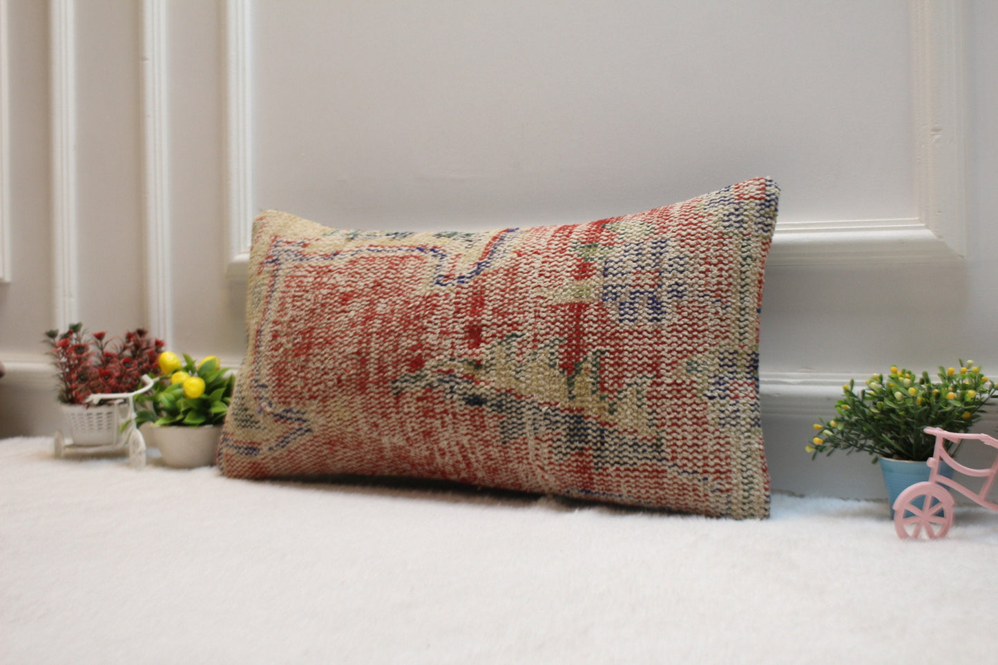 Handmade Turkish Rug Lumbar Pillow Cover: Upcycled Woven Wool (12x24 in)