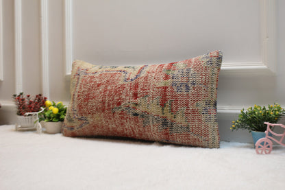 Handmade Turkish Rug Lumbar Pillow Cover: Upcycled Woven Wool (12x24 in)