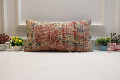 Handmade Turkish Rug Lumbar Pillow Cover: Upcycled Woven Wool (12x24 in)