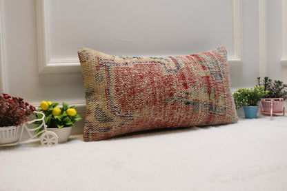 Handmade Turkish Rug Lumbar Pillow Cover: Upcycled Woven Wool (12x24 in)