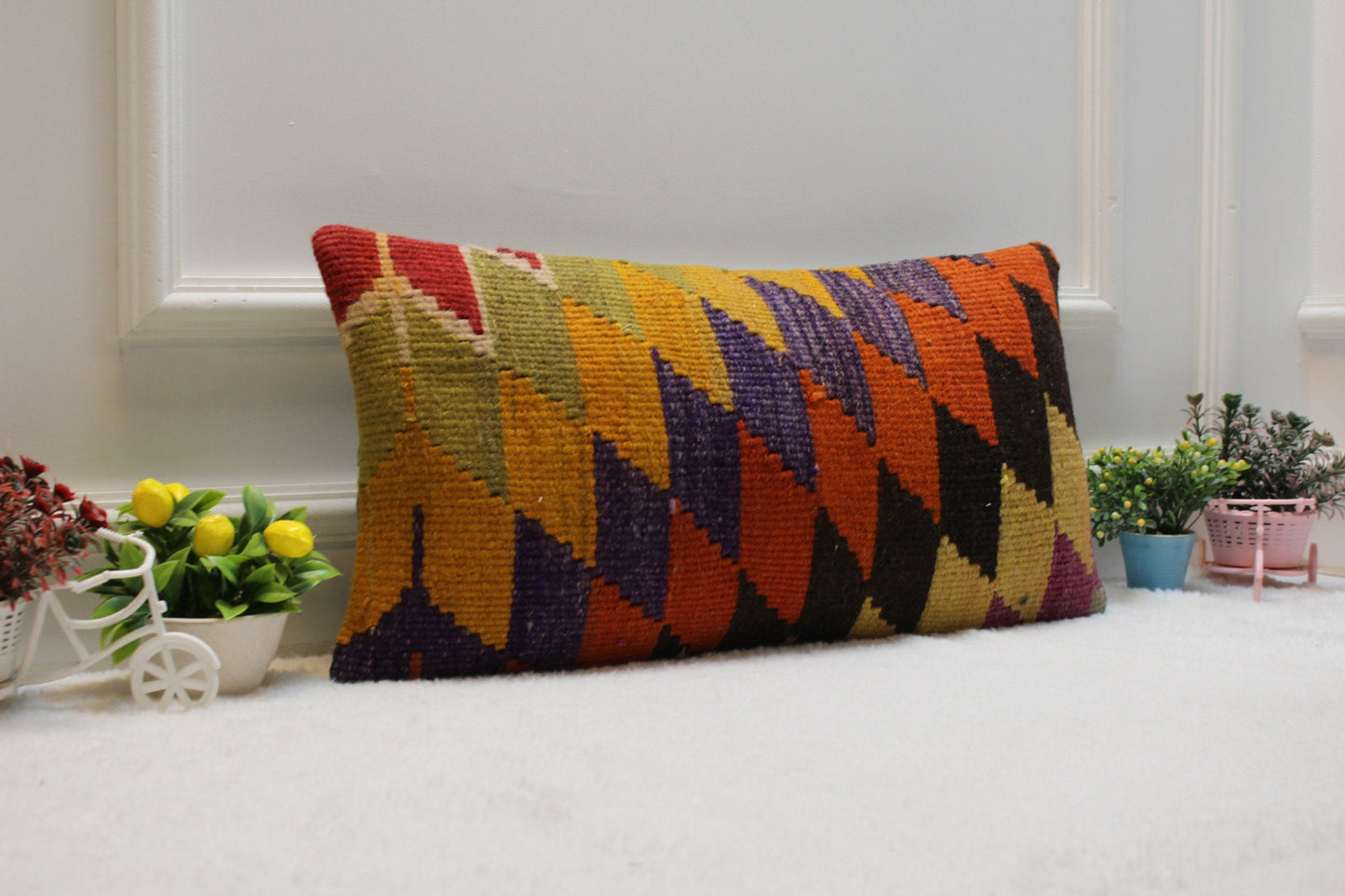 Geometric Kilim Pillow Cover: Rainbow Wool Lumbar Pillow, 12x24