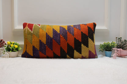 Geometric Kilim Pillow Cover: Rainbow Wool Lumbar Pillow, 12x24