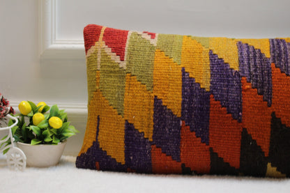 Geometric Kilim Pillow Cover: Rainbow Wool Lumbar Pillow, 12x24