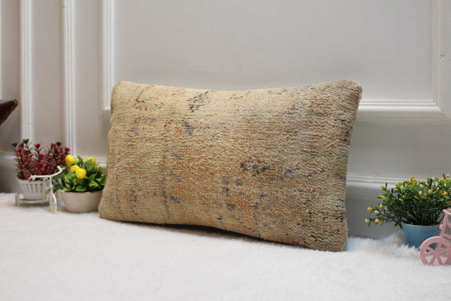 Vintage Turkish Rug Lumbar Pillow Cover: 12x24 Beige Orange Wool Pillow Case