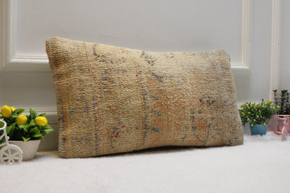 Vintage Turkish Rug Lumbar Pillow Cover: 12x24 Beige Orange Wool Pillow Case