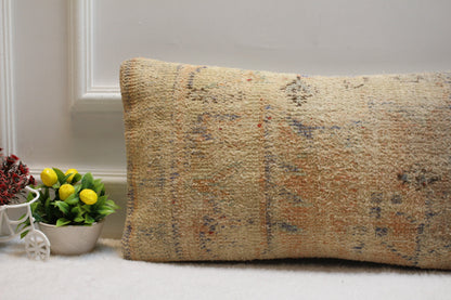 Vintage Turkish Rug Lumbar Pillow Cover: 12x24 Beige Orange Wool Pillow Case