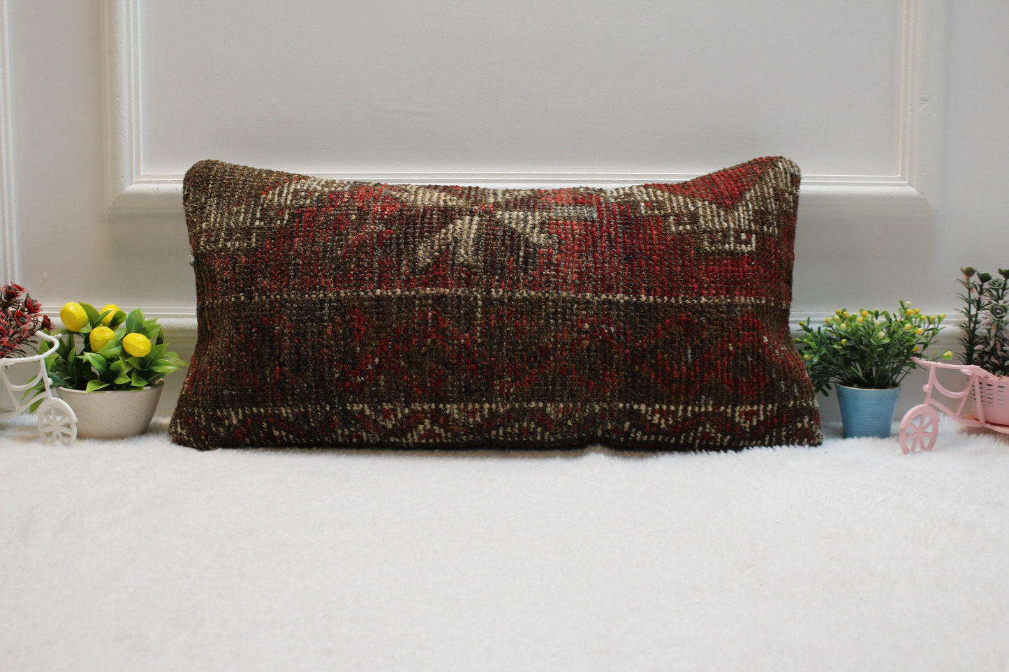Handmade Turkish Rug Lumbar Pillow Cover: Boho Woven Wool (12x24 in)